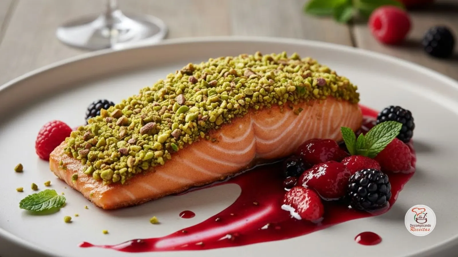 Salmão Grelhado com Crosta de Pistache e Molho de Frutas Vermelhas